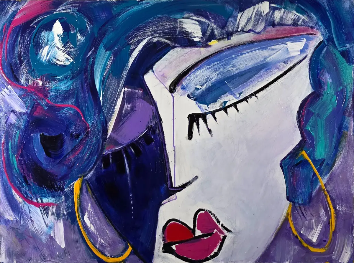 “Blue Hair With Hoops” — painting by Tera Thornton on display at Capital Dental Group