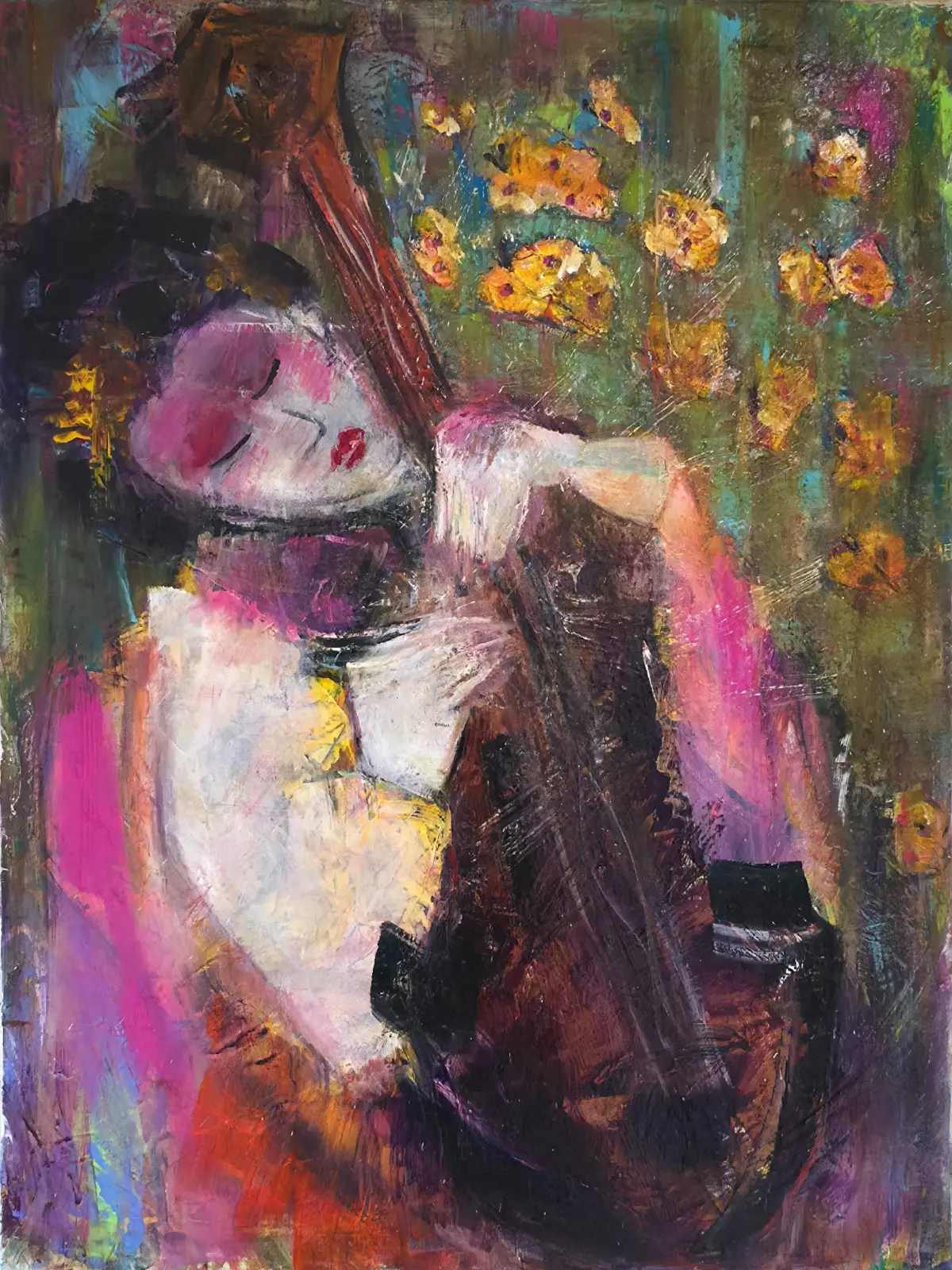 “Chello Lady” — painting by Tera Thornton on display at Capital Dental Group