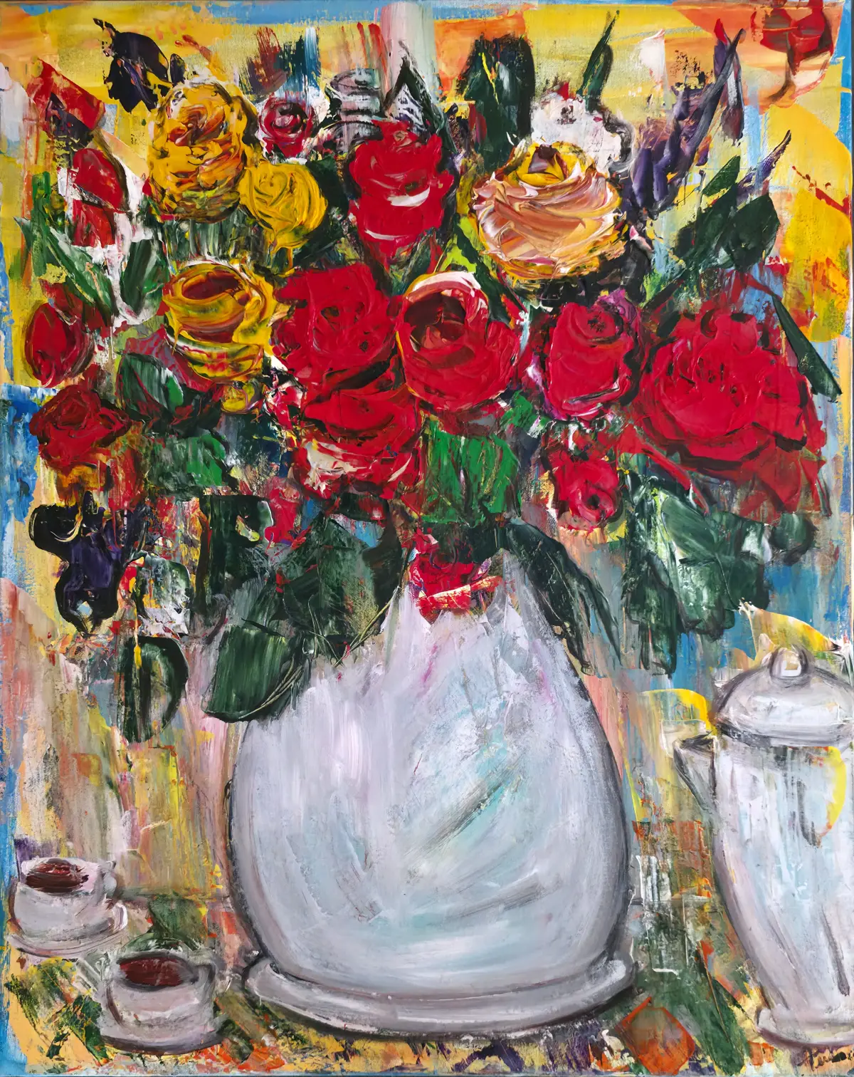 “Morning Coffee With Roses” — painting by Tera Thornton on display at Capital Dental Group