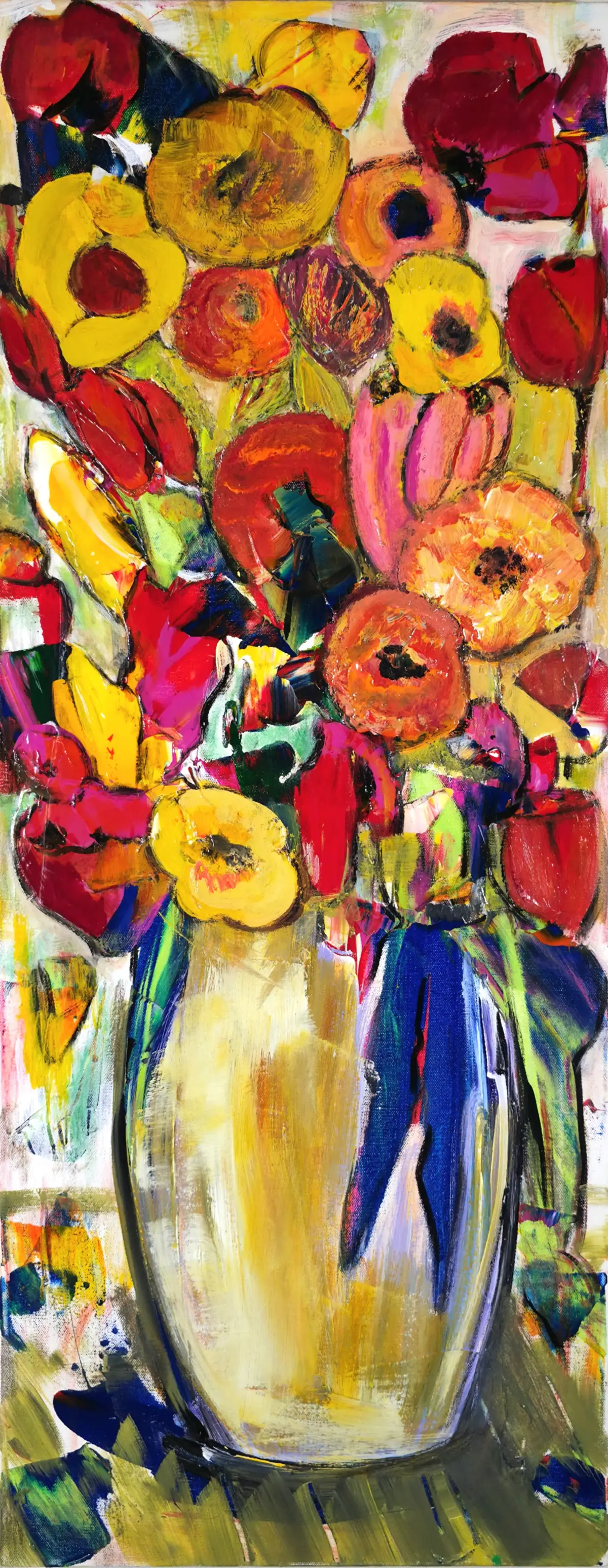 “Read And Yellow Flowers With Blue Ribbon” — painting by Tera Thornton on display at Capital Dental Group