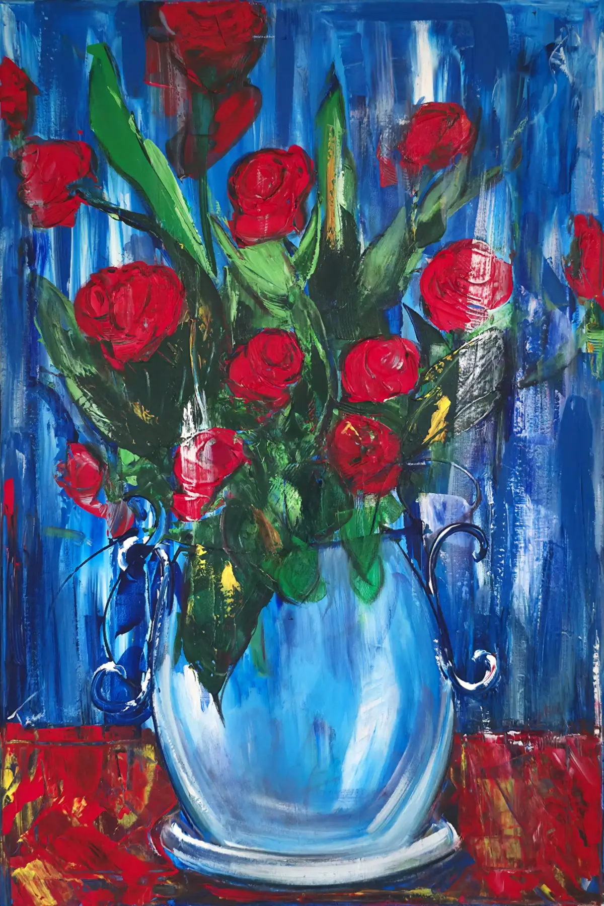 “Red Roses With Blue Vase” — painting by Tera Thornton on display at Capital Dental Group